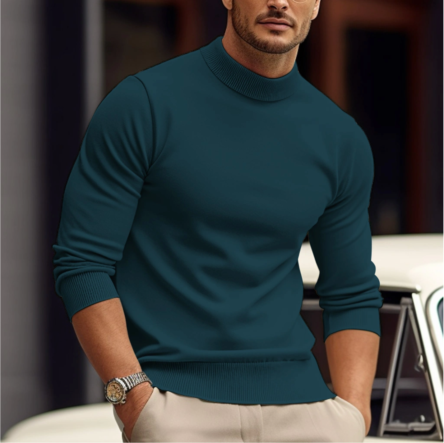 Herren Rollkragenpullover Langarm Strick Hochhalter - Eveloria