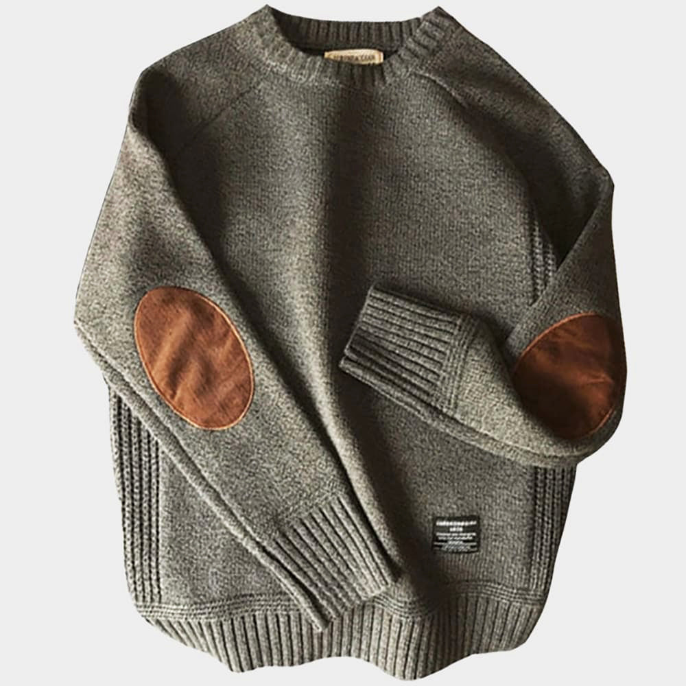 Herren Strickpullover Rundhalsausschnitt Ellbogenpatches Grau - Eveloria