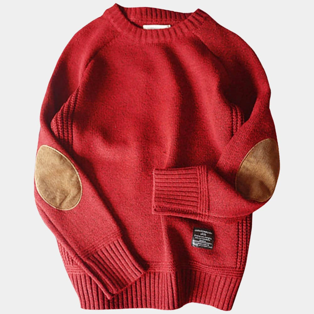 Strickpullover – Rundhalsausschnitt – Ellbogenpatches – Pullover – Herrenpullover-Rot-XS-Chaps Herrenmode