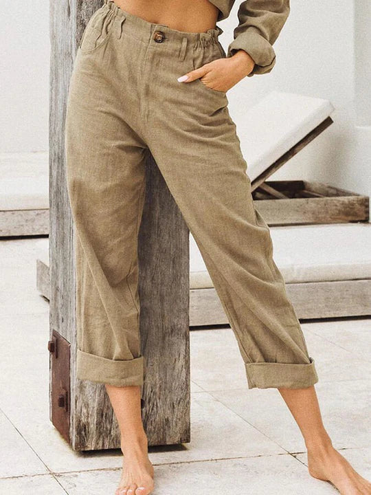 Damen High-Waist Leinenhose Sommerlook Beige - Eveloria