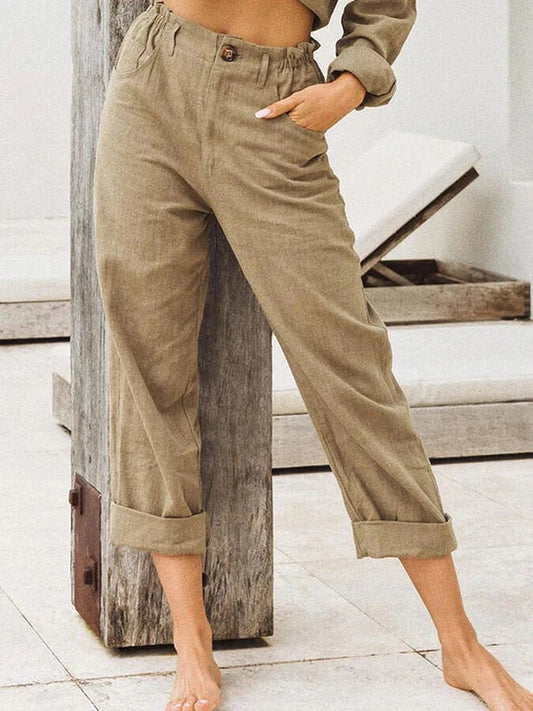Damen High-Waist Leinenhose Sommerlook Beige - Eveloria