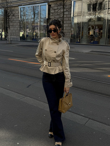 Damen Winterjacke Trench-Stil Gürtel Doppelreihe