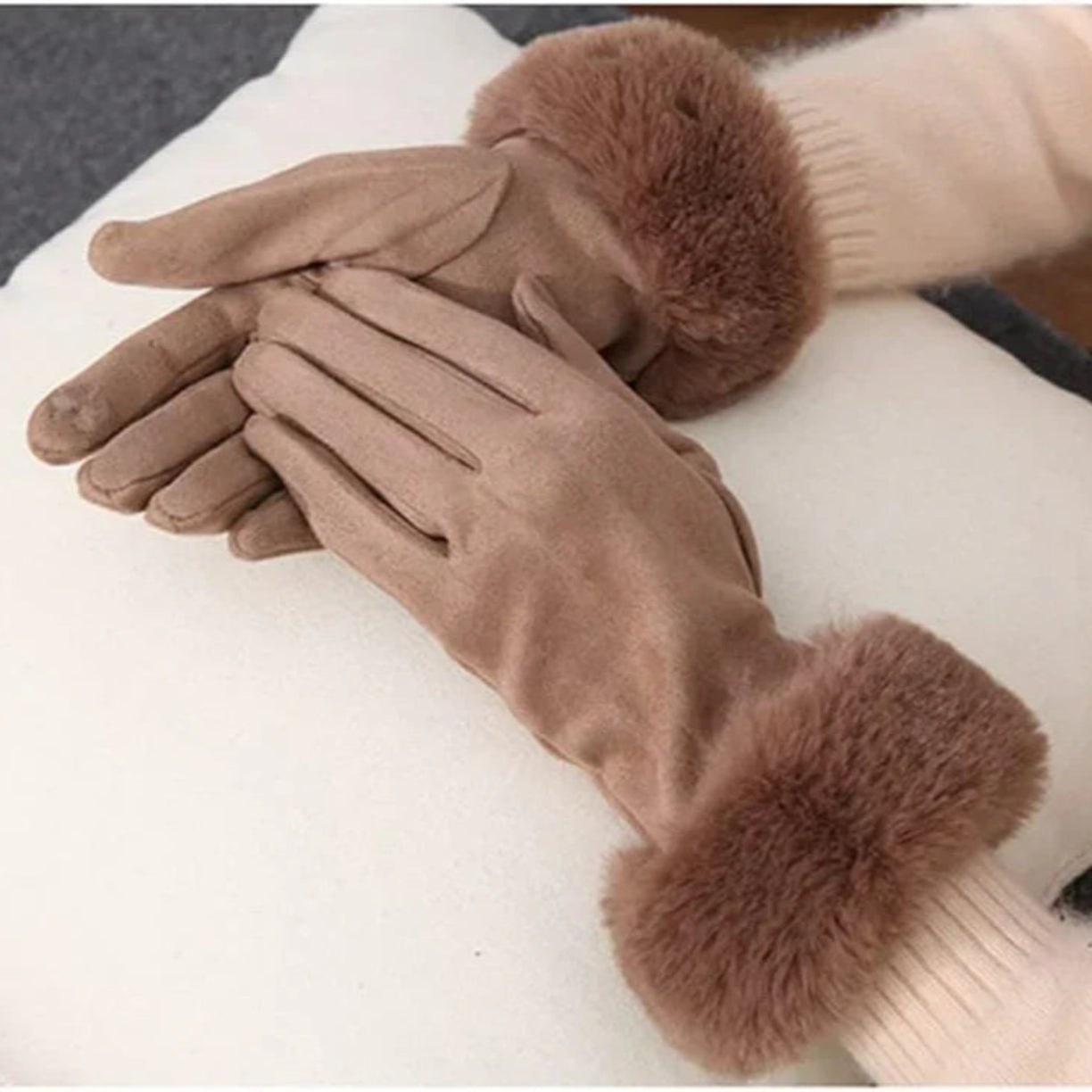 Damen Wildlederhandschuhe Kunstfellbesatz Winter