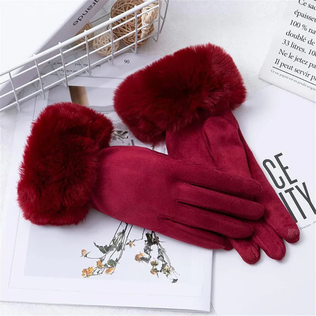 Damen Wildlederhandschuhe Kunstfellbesatz Schwarz Winter - Eveloria