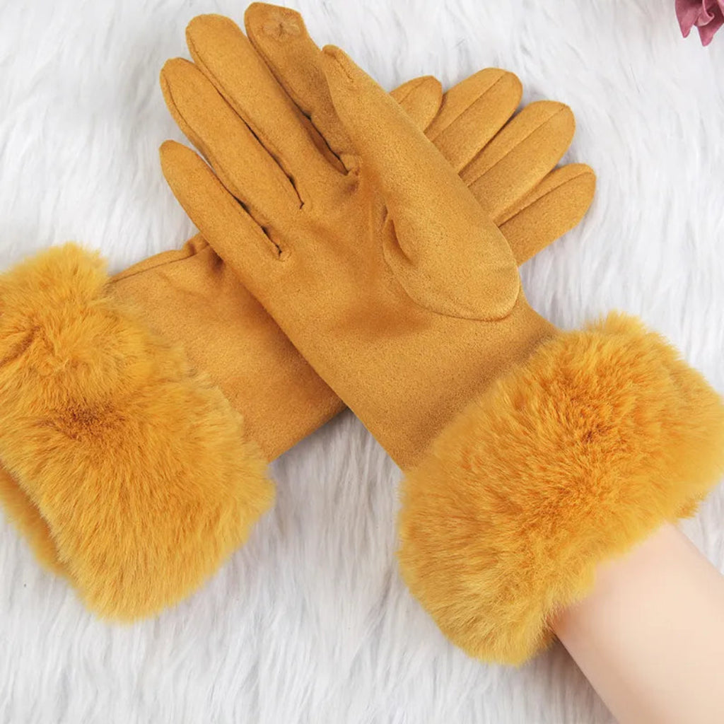 Damen Wildlederhandschuhe Kunstfellbesatz Winter