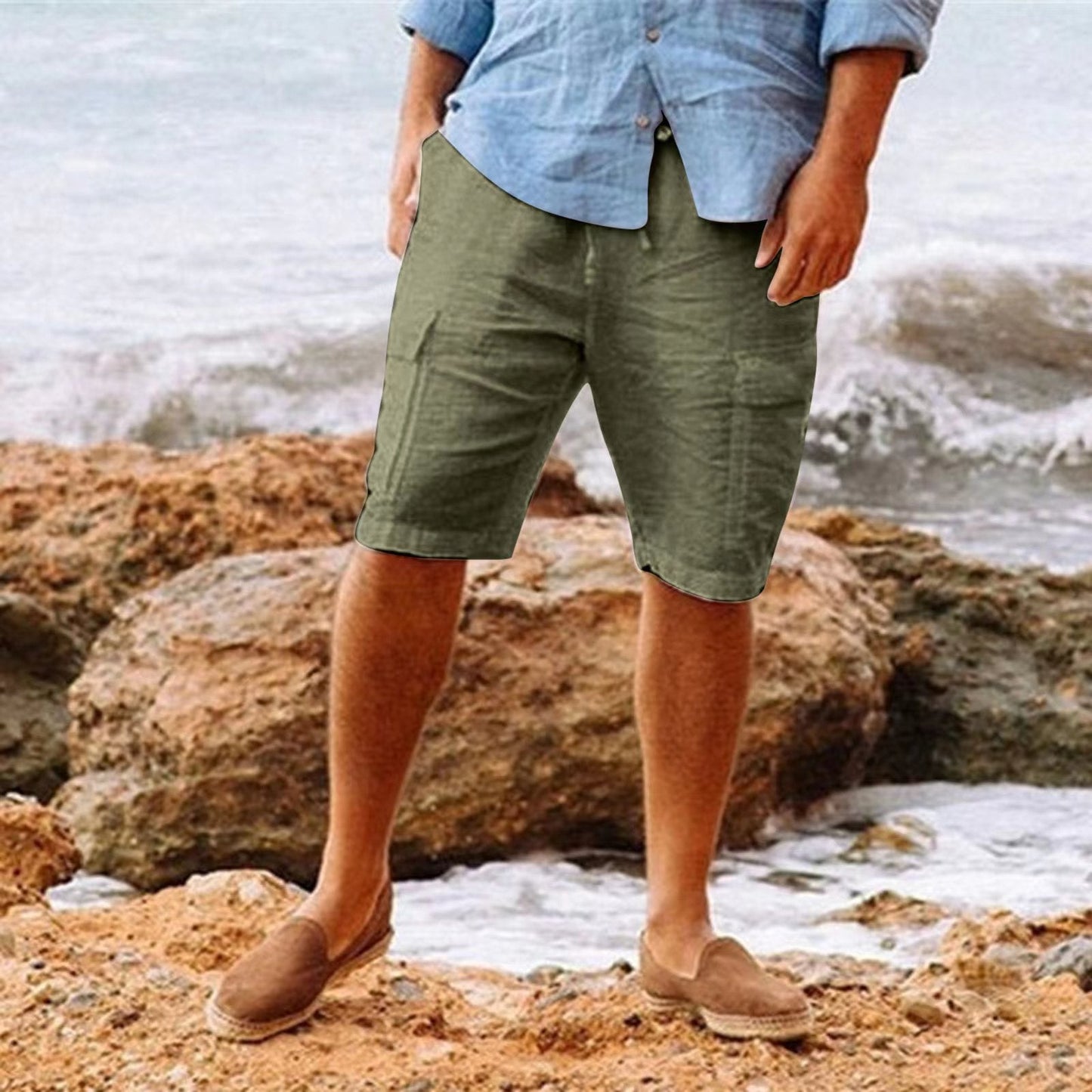 Herren Cargoshorts Leinen Bequem Leicht Braun - Eveloria