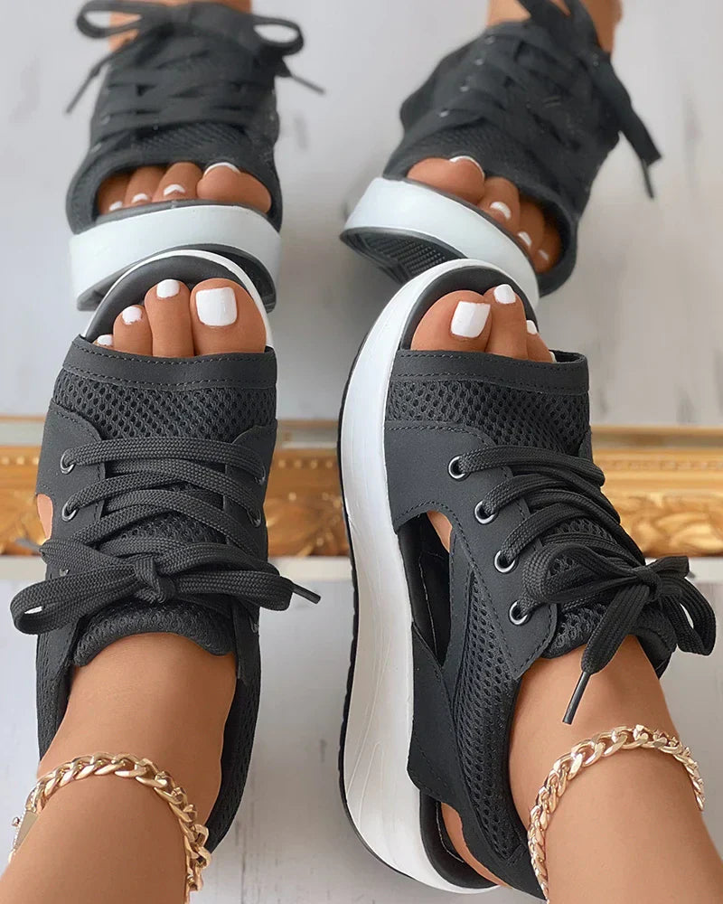 Damen Plateau-Keilsandalen Schnürsenkel Leder