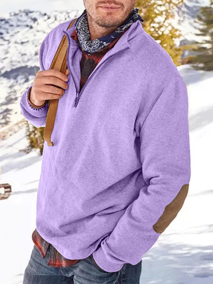 Herren Sweatshirt Reißverschluss Lässig Elbogenaufnäher Schwarz - Eveloria