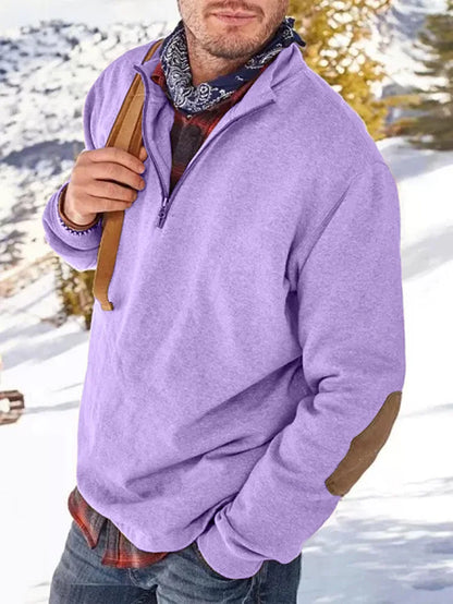 Herren Sweatshirt Reißverschluss Lässig Elbogenaufnäher Schwarz - Eveloria
