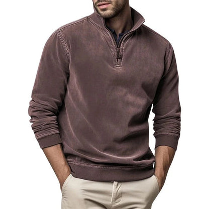 Sweatshirt mit Viertelreißverschluss - Herren lässiger Half-Zip Pullover-Dunkelbraun-S-Chaps Herrenmode