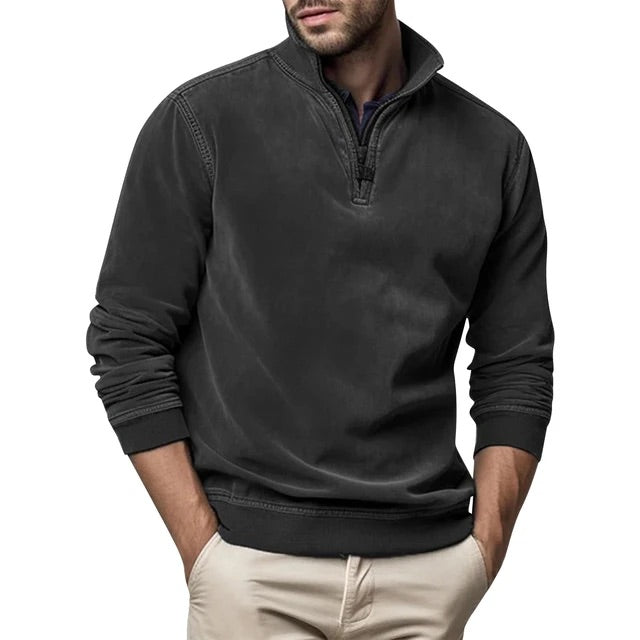 Sweatshirt mit Viertelreißverschluss - Herren lässiger Half-Zip Pullover-Schwarz-S-Chaps Herrenmode