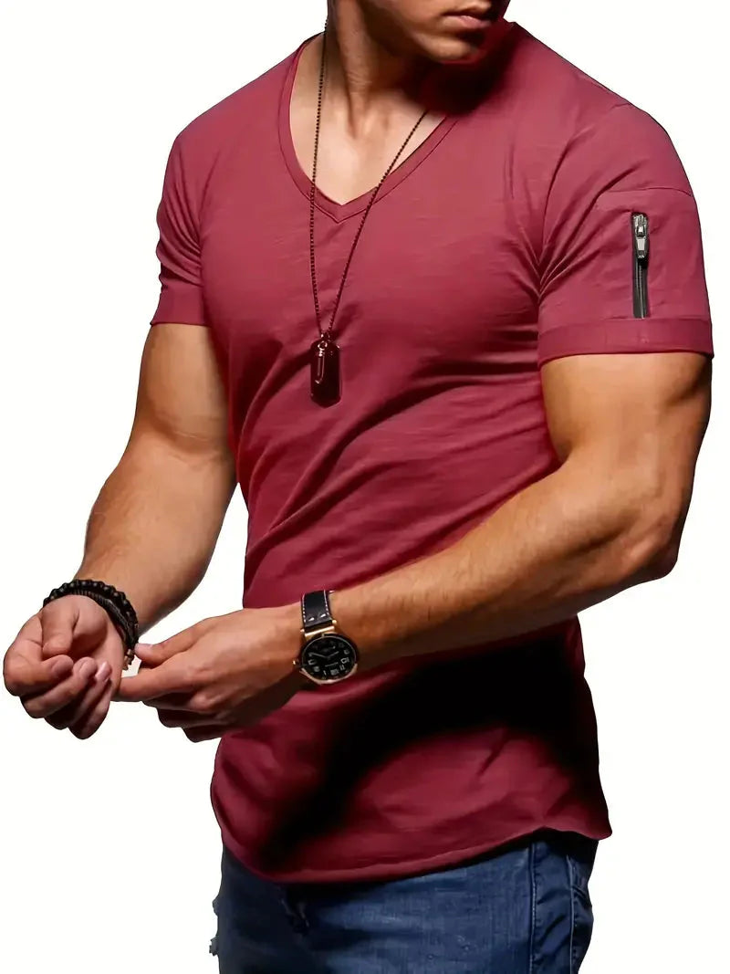 T-Shirt - Lässiges Herren T-Shirt mit kurzen Ärmeln und V-Ausschnitt-Burgund-XS-Chaps Herrenmode