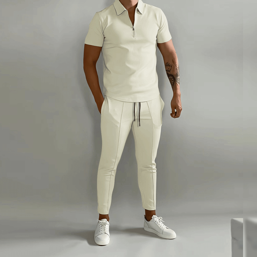 T-Shirt und Jogginghose im Set – Zweiteiliges Set aus Polo-T-Shirt und Hose für Männer-Beige-S-Chaps Herrenmode