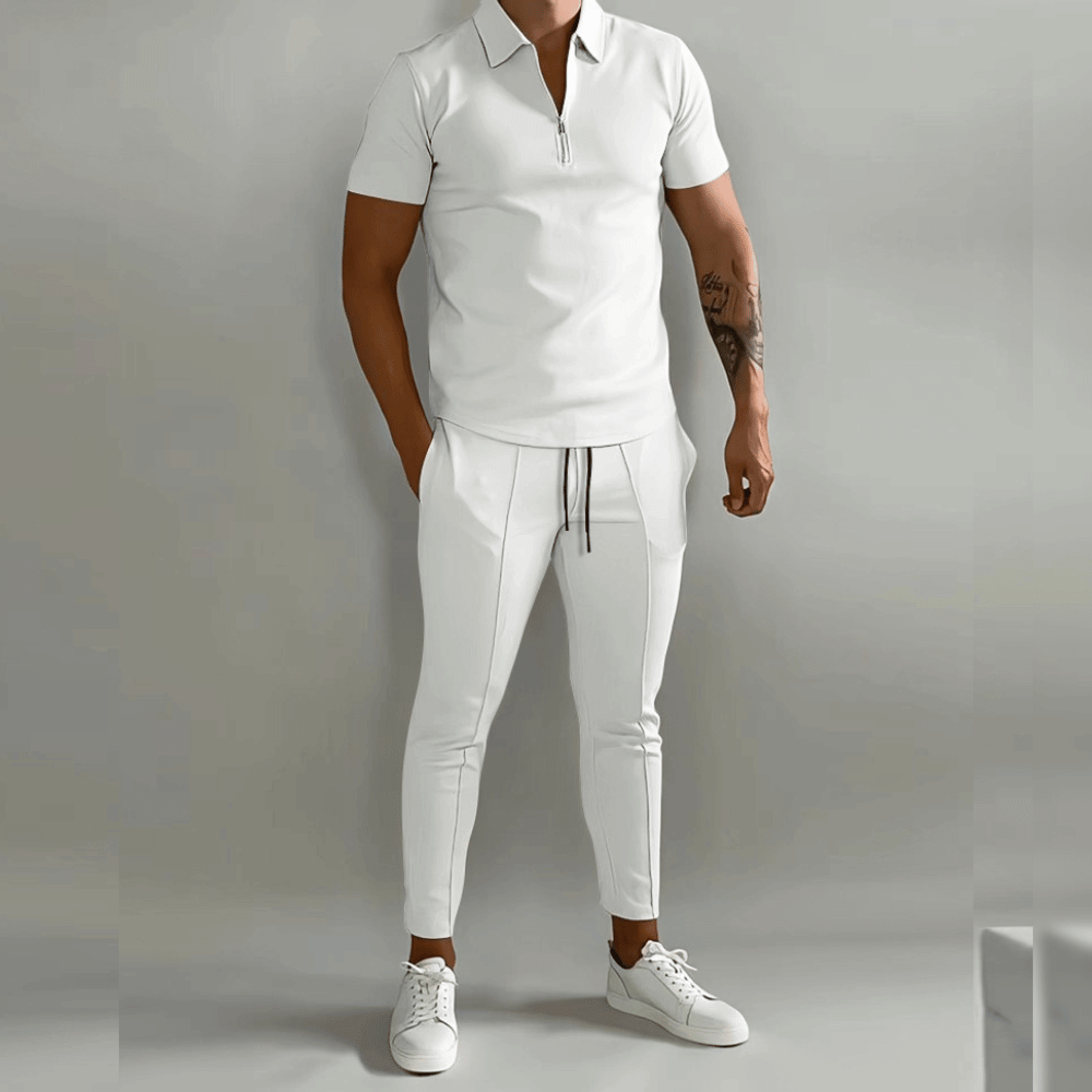 T-Shirt und Jogginghose im Set – Zweiteiliges Set aus Polo-T-Shirt und Hose für Männer-Weiß-S-Chaps Herrenmode
