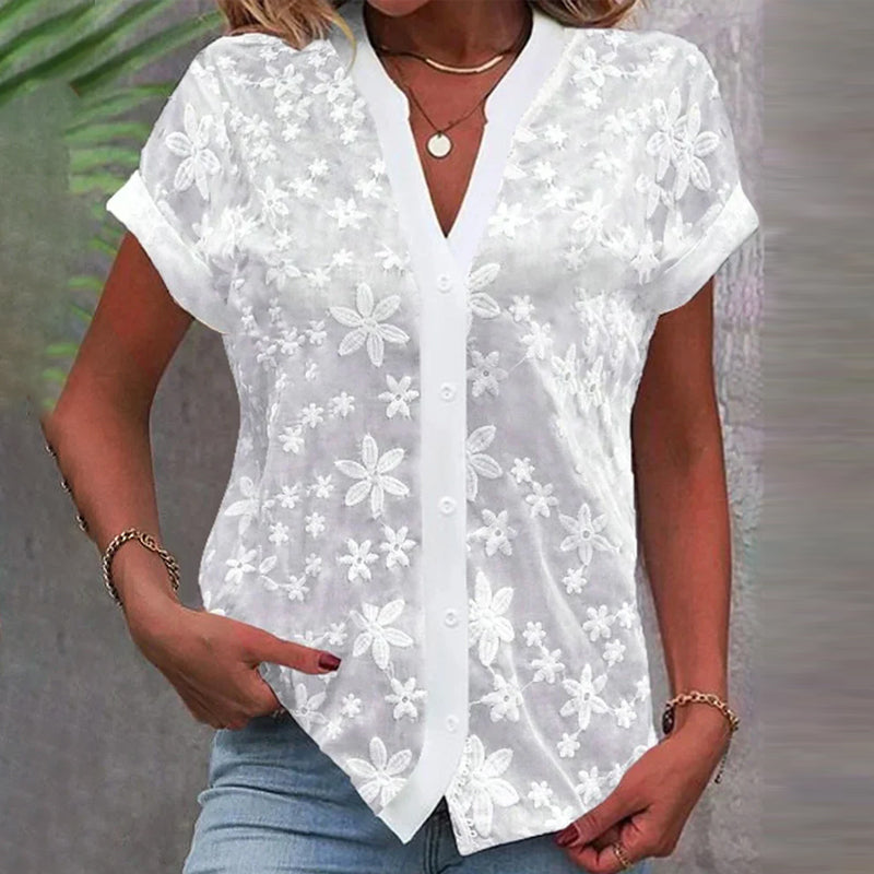 Eveloria Damen Bluse Kurzärmelig Blumenmuster V-Ausschnitt