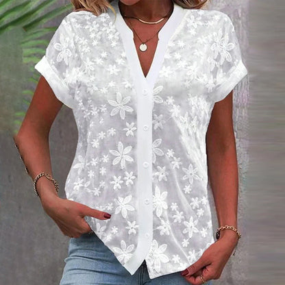 Eveloria Damen Bluse Kurzärmelig Blumenmuster V-Ausschnitt