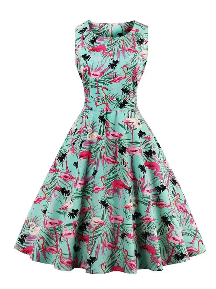 Eveloria Damen Retro-Kleid Flamingodruck