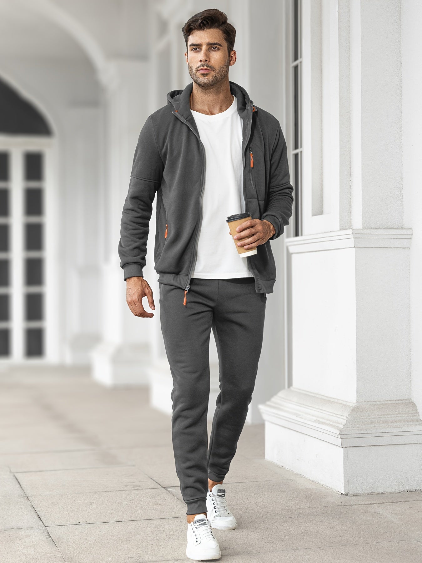Trainingsanzug | Casual | Zip-Up | Kapuzenpulli und Sweatpants Set | Jogginganzug für Männer-Dunkelgrau-S(46)-Chaps Herrenmode