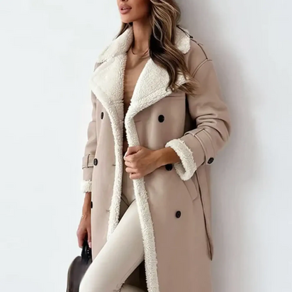 Damen Trenchcoat Lang Lammfellgefüttert Doppelreiher