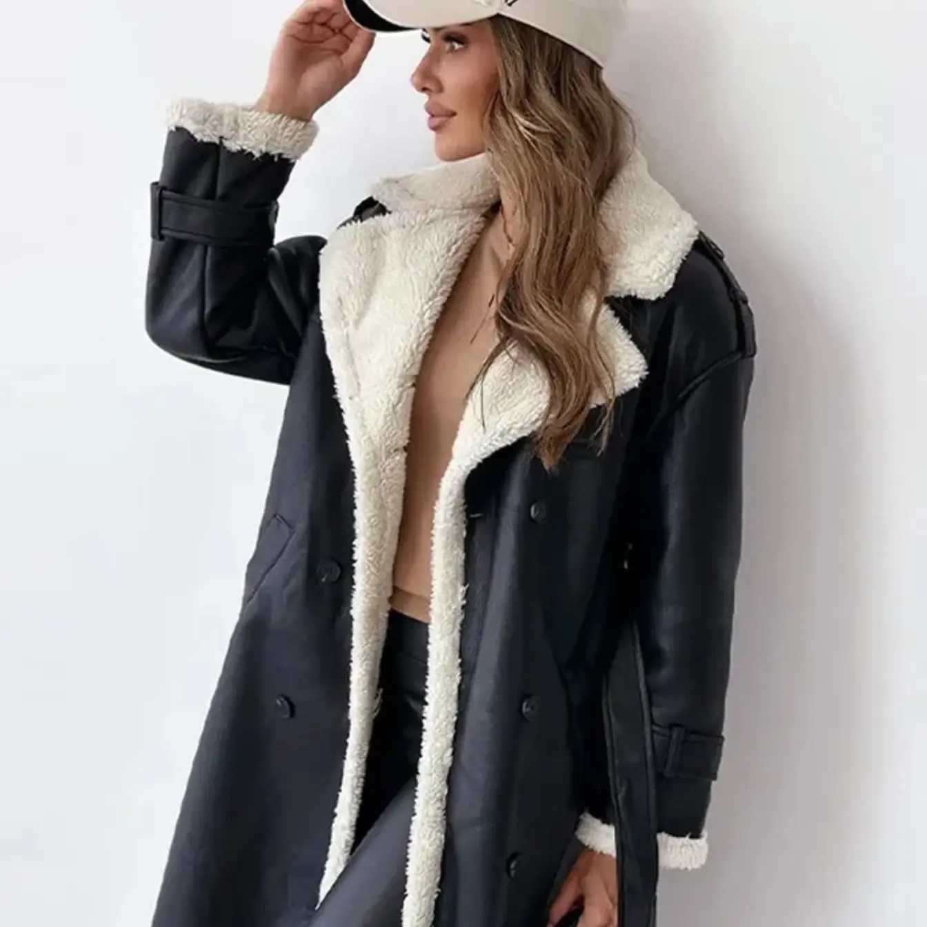 Damen Trenchcoat Lang Schafsleder Gefüttert Doppelknopf Schwarz - Eveloria