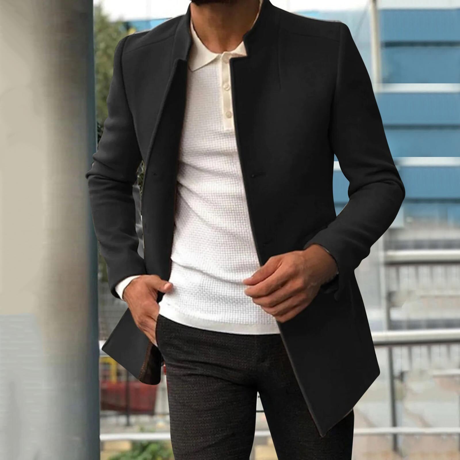 Herren Trenchcoat Einreihig Kurz Woll Schwarz - Eveloria