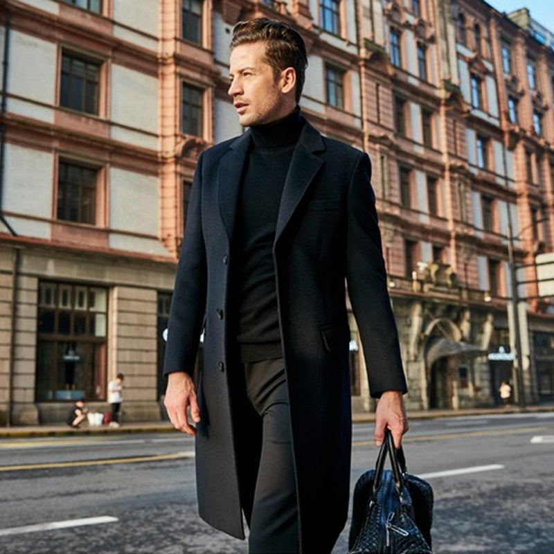 Herren Trenchcoat Lang Einreihig Wolle Schwarz - Eveloria
