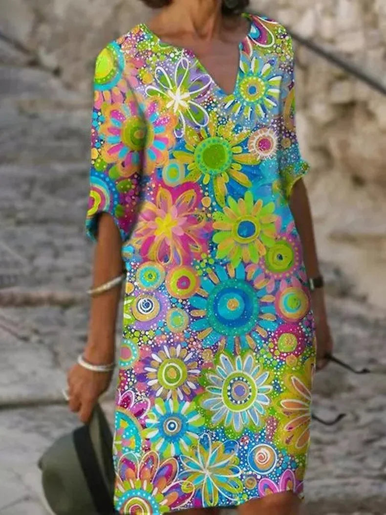 Damen Sommerkleid V-Ausschnitt Sonnenblumen-Print Bequem Leicht
