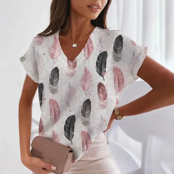 Damen Bluse V-Ausschnitt Stilvoller Print Büro Freizeit