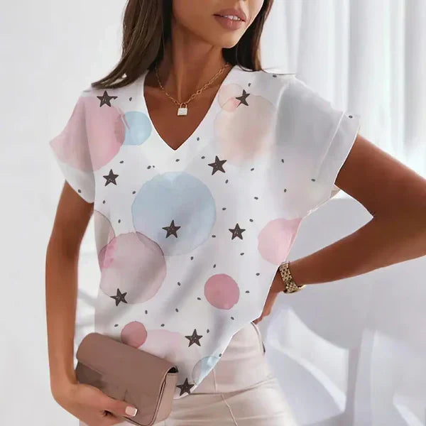 Damen Bluse V-Ausschnitt Stilvoller Print Büro Freizeit
