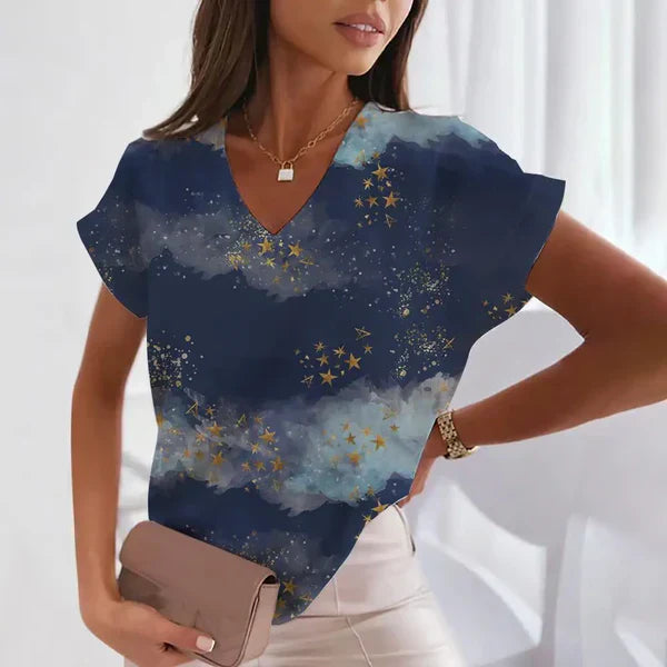 Damen Bluse V-Ausschnitt Stilvoller Print Büro Freizeit