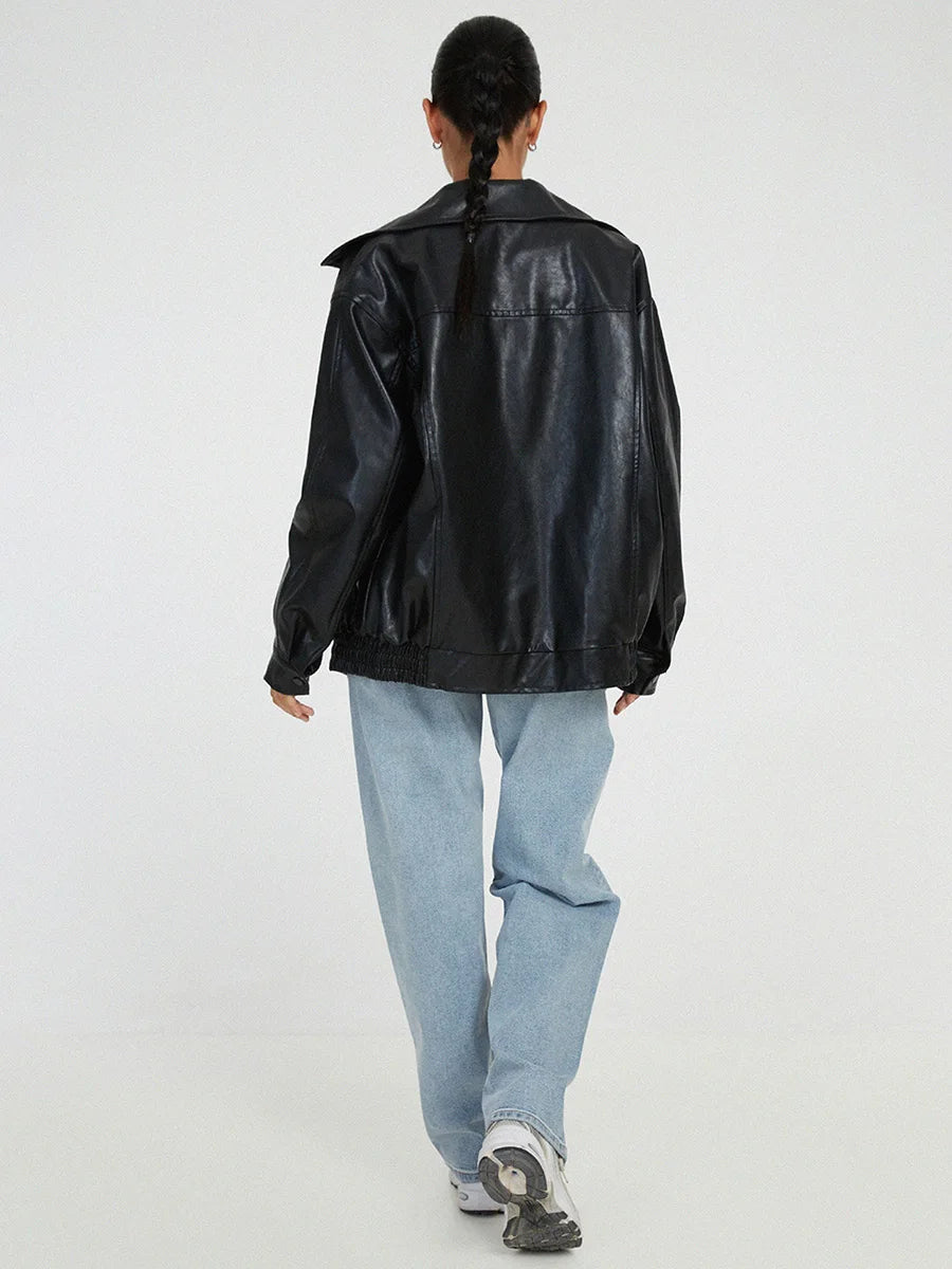 Übergroße Lederjacke – Kunstleder – Reißverschluss – Leder-Bomberjacke – Damen-Lederjacke-Chaps Herrenmode