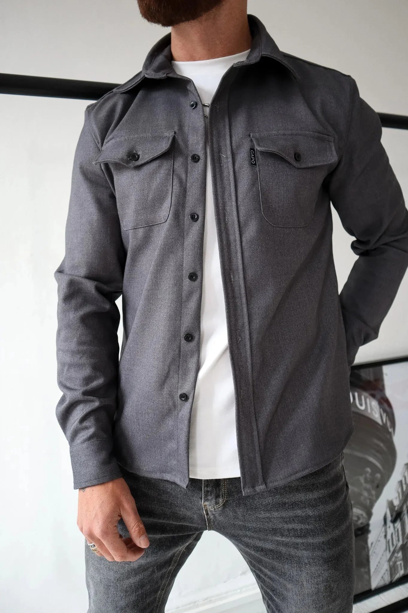 Überhemd | Brusttaschen | Button-Up | Hemdjacke | Herrenbekleidung-Dunkelgrau-S-Chaps Herrenmode