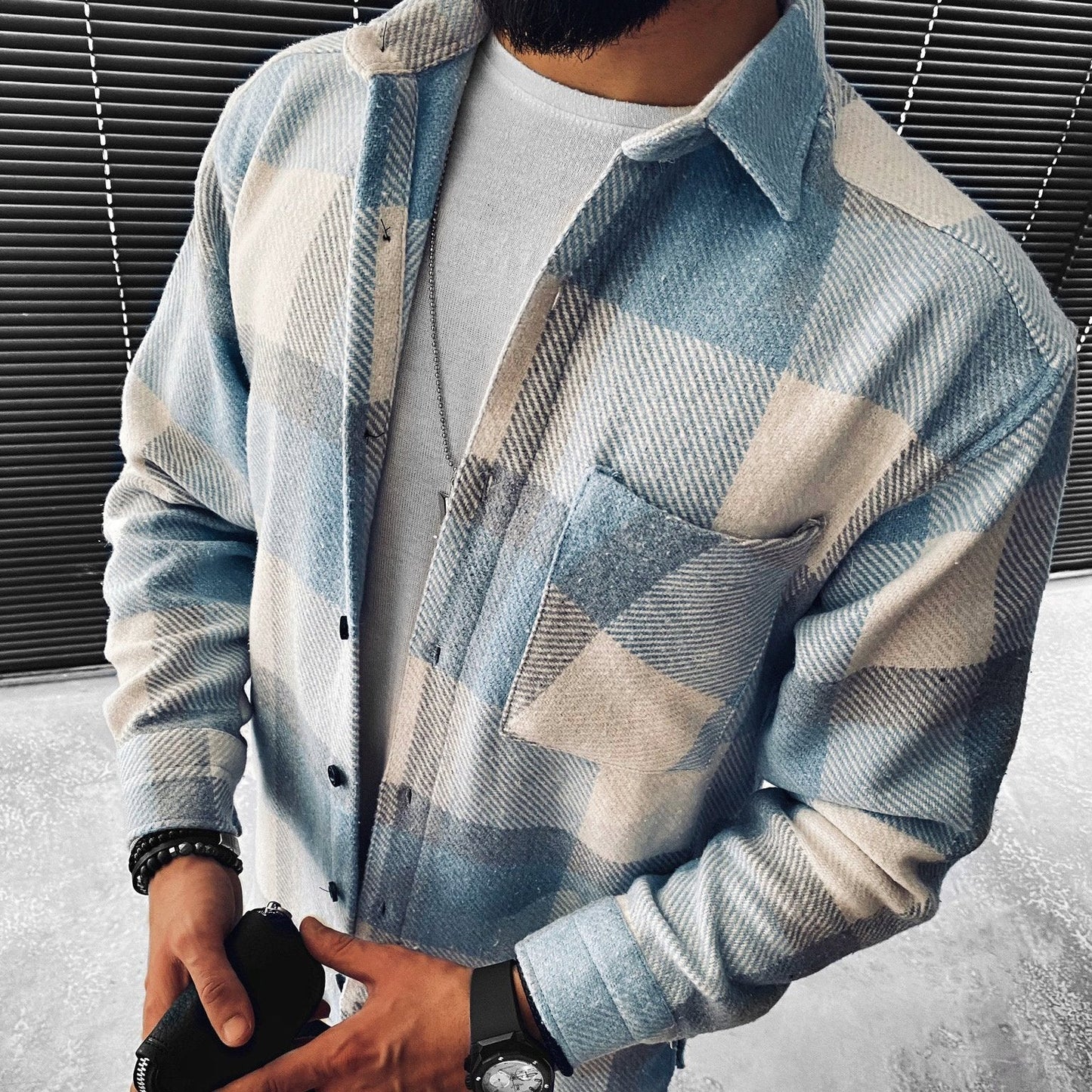 Herren Flanellhemd Plaid Button-Down Baumwolle Blau - Eveloria