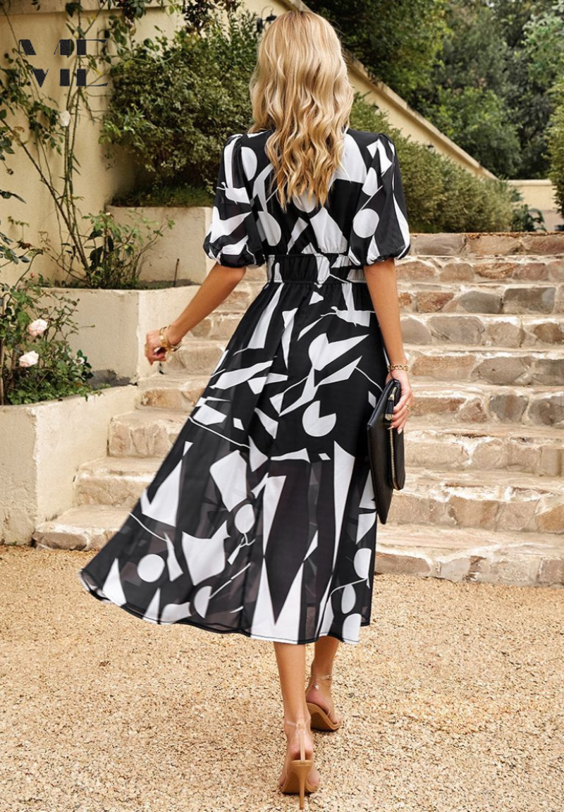 Damen Abstrakt Print Wickel Midi Kleid