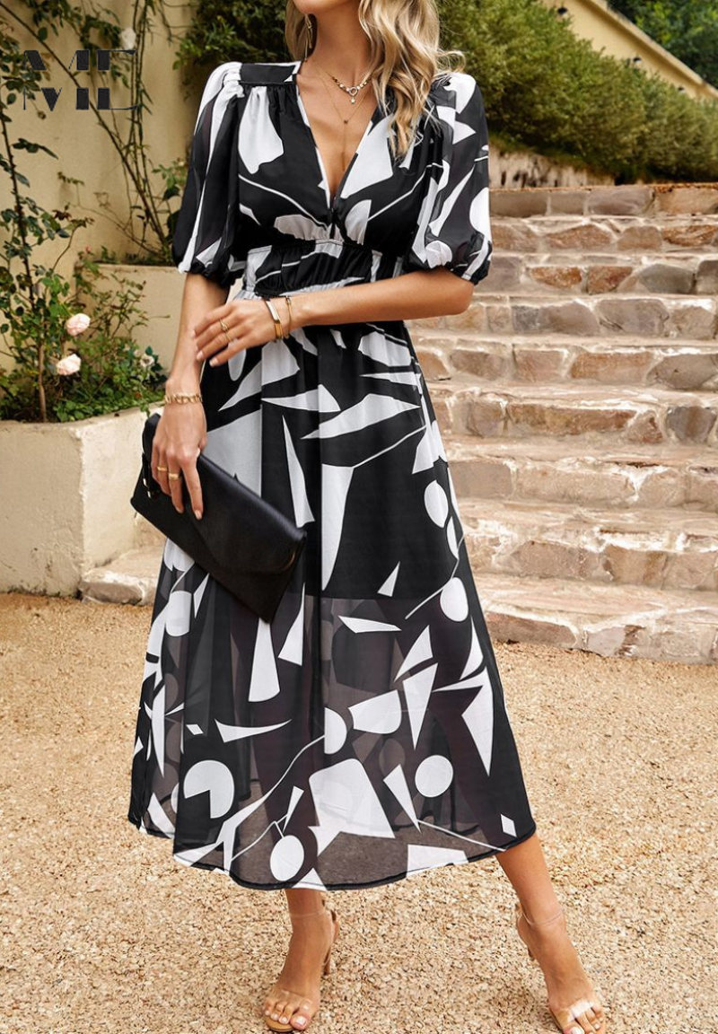Damen Abstrakt Print Wickel Midi Kleid