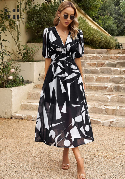 Damen Abstrakt Print Wickel Midi Kleid