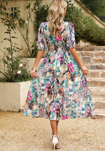 Damen Abstrakt Print Wickel Midi Kleid