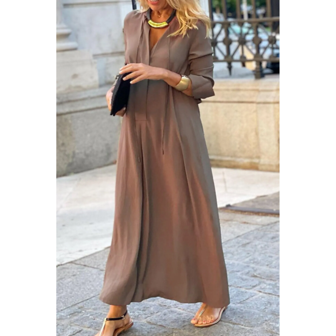 Damen Maxikleid V-Ausschnitt Langarm Baumwolle Beige