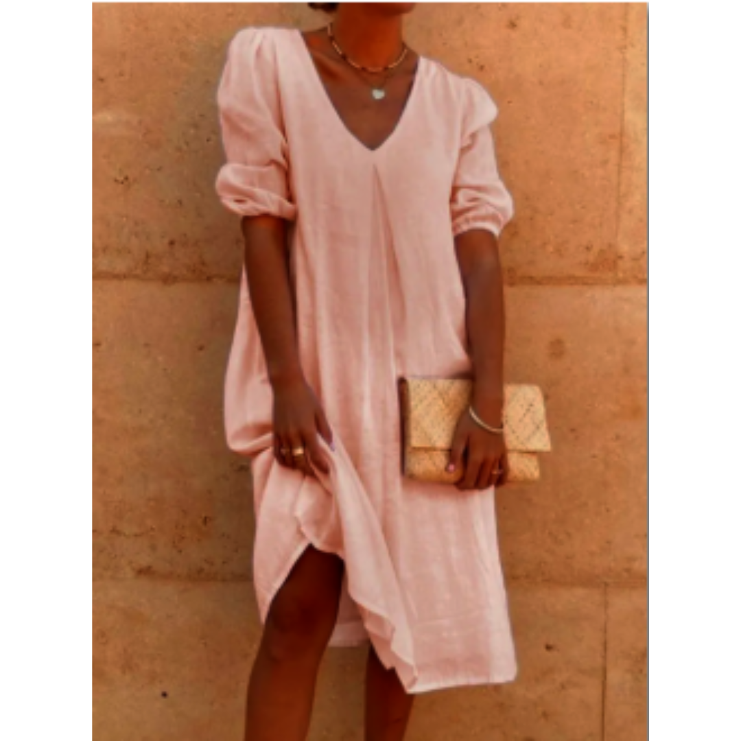 Damen Midi Sommerkleid V-Ausschnitt Puffärmel