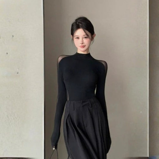 Damen T-Shirt aus Mesh mit Ärmeln Stylisch Schwarz - Eveloria