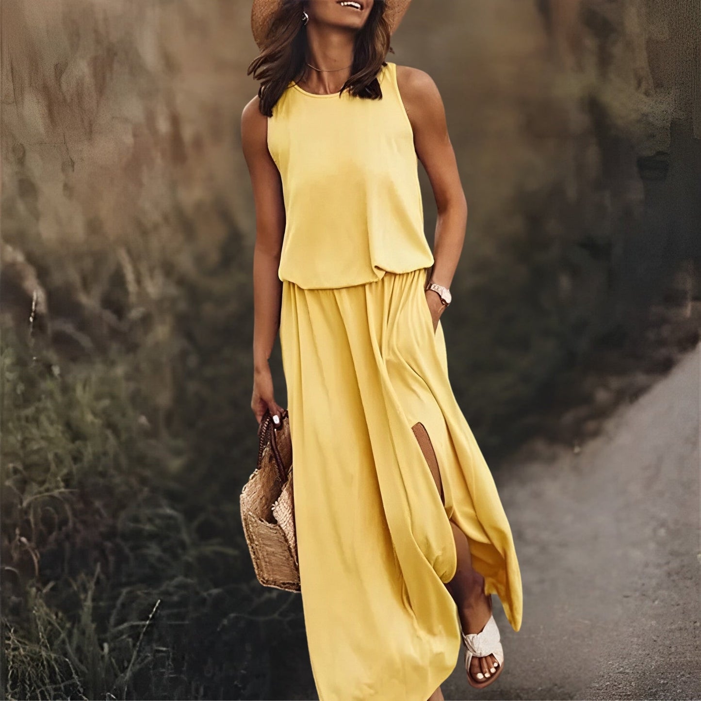 Damen Ärmelloses Maxikleid Rundhalsausschnitt Bequem Sommer