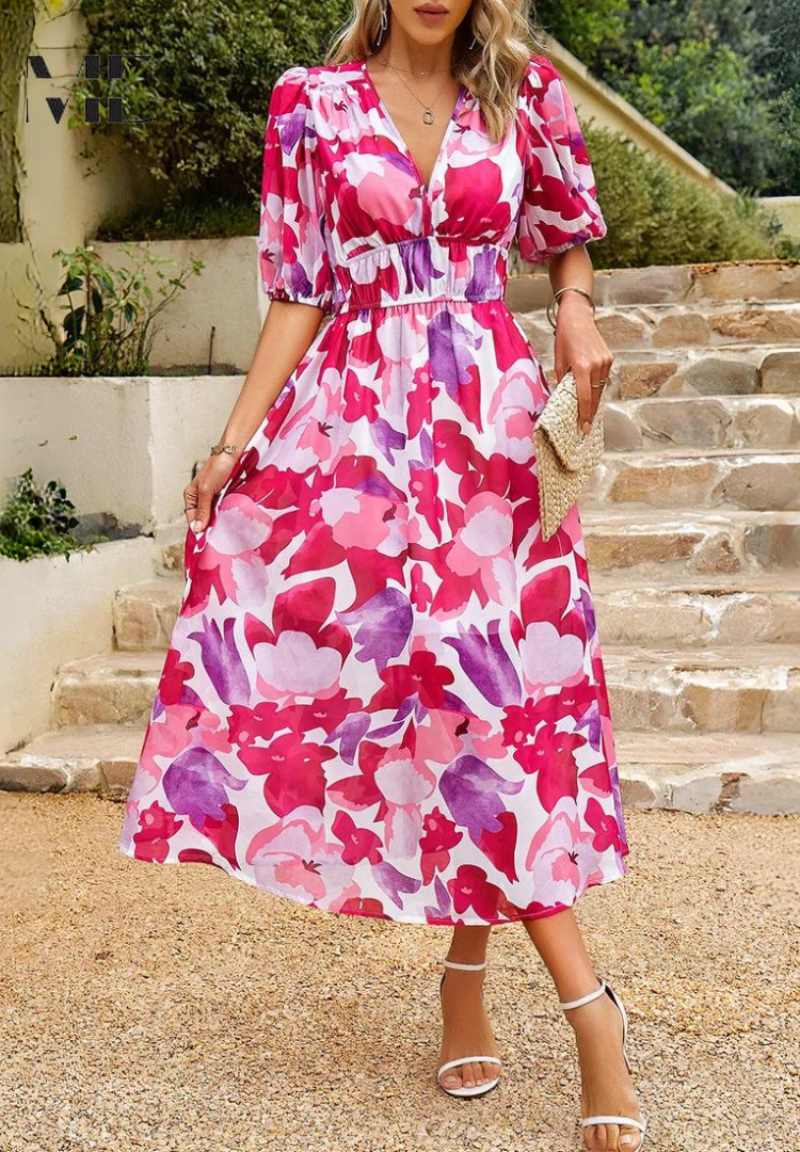 Damen Abstrakt Print Wickel Midi Kleid