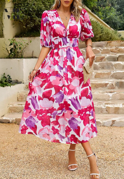 Damen Abstrakt Print Wickel Midi Kleid