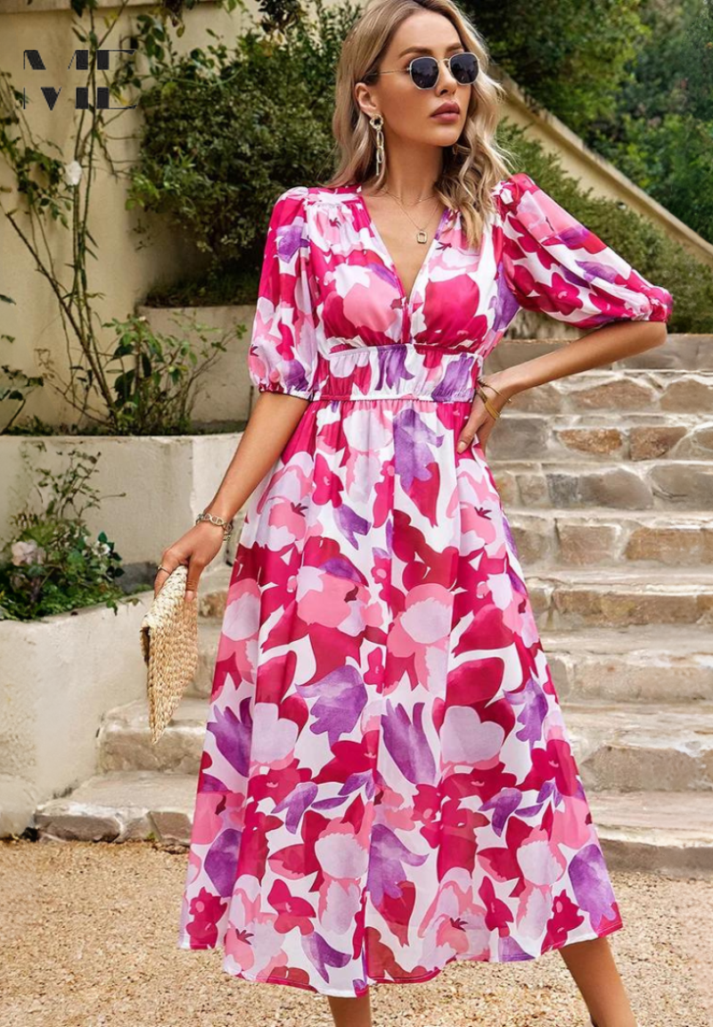 Damen Abstrakt Print Wickel Midi Kleid