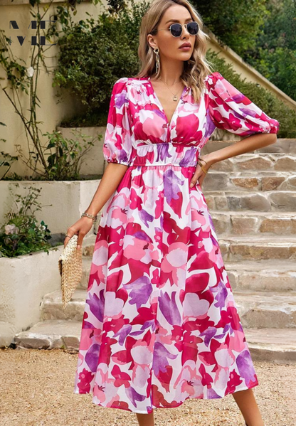 Damen Abstrakt Print Wickel Midi Kleid
