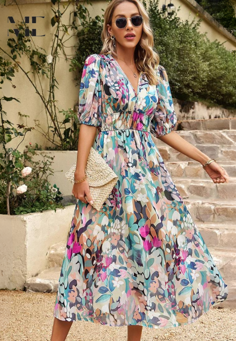 Damen Abstrakt Print Wickel Midi Kleid