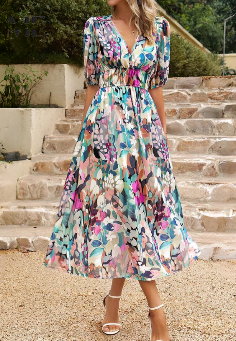 Damen Abstrakt Print Wickel Midi Kleid