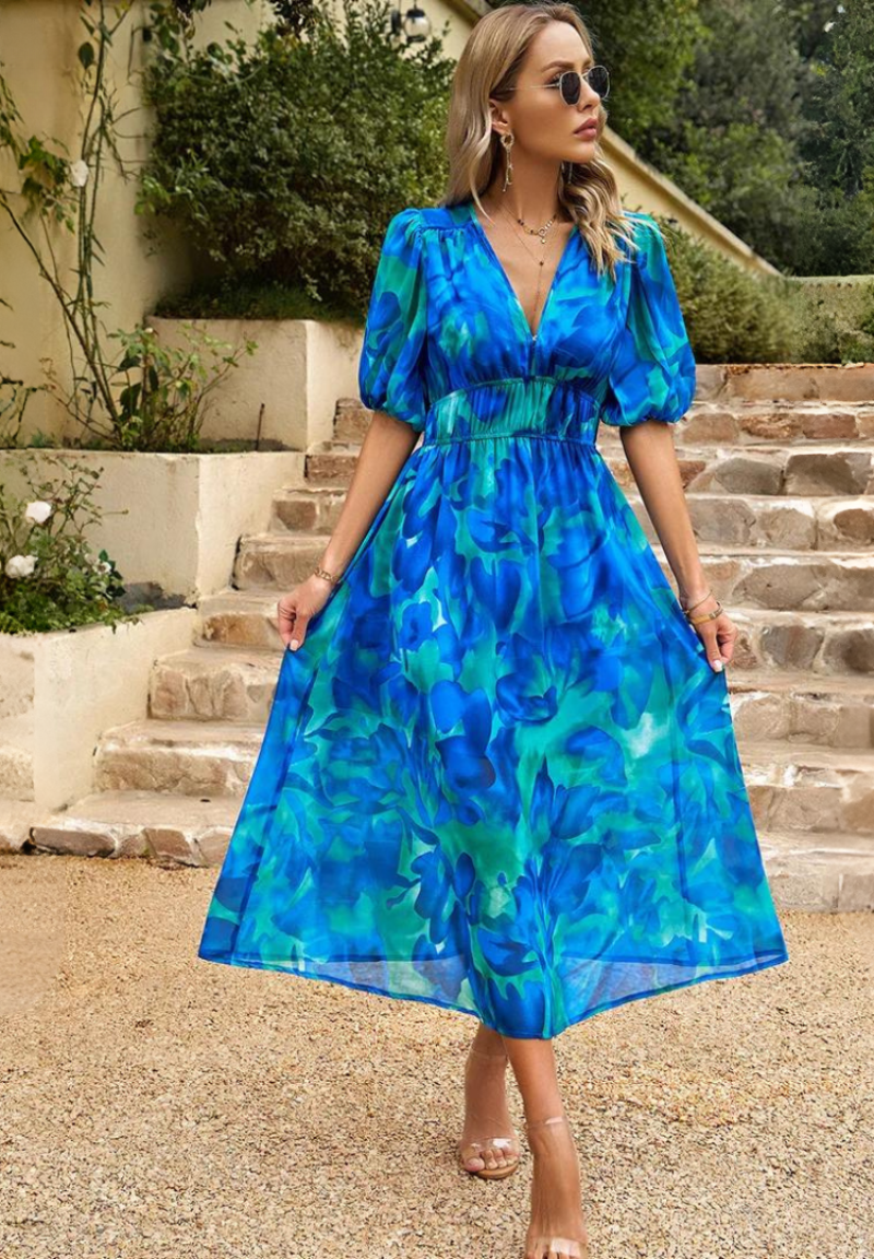 Damen Abstrakt Print Wickel Midi Kleid