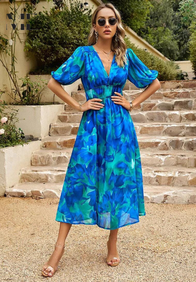 Damen Abstrakt Print Wickel Midi Kleid