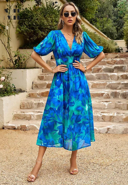 Damen Abstrakt Print Wickel Midi Kleid